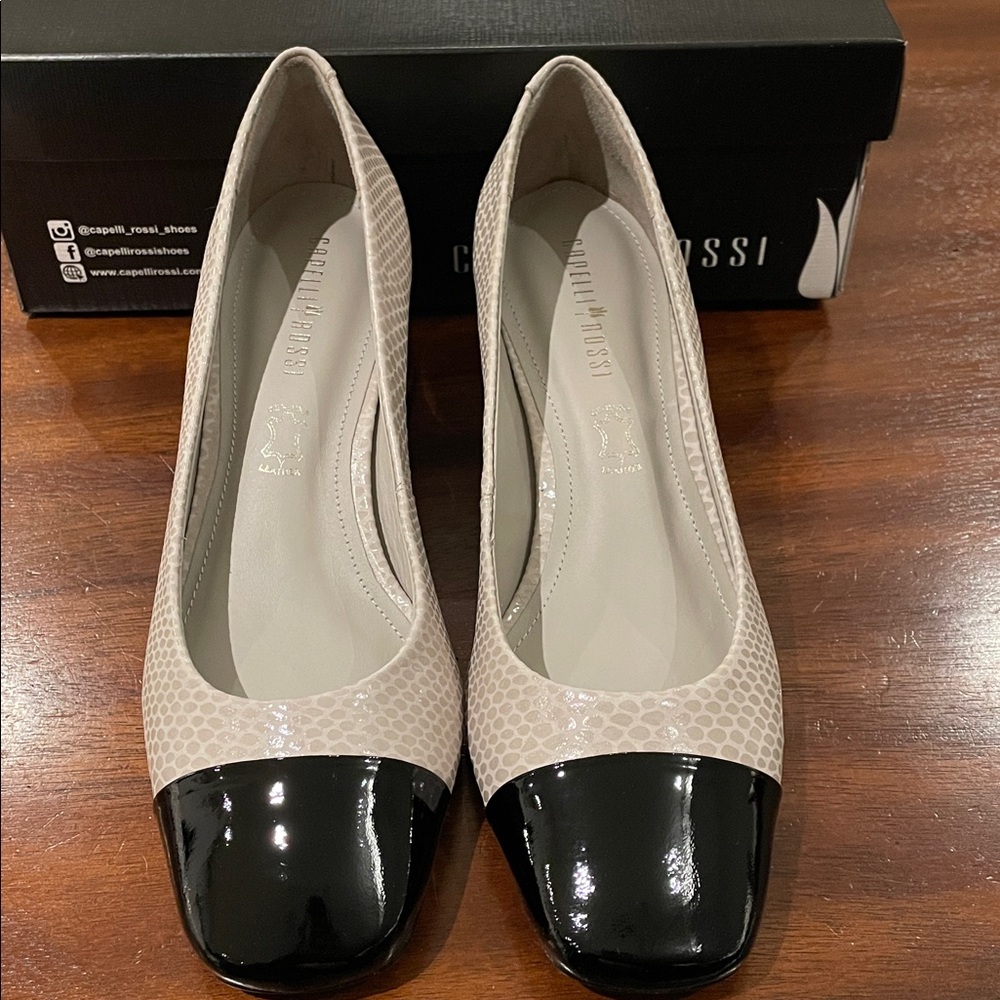 Capelli Rossi Snakeskin Patterned Heels with Black Toe